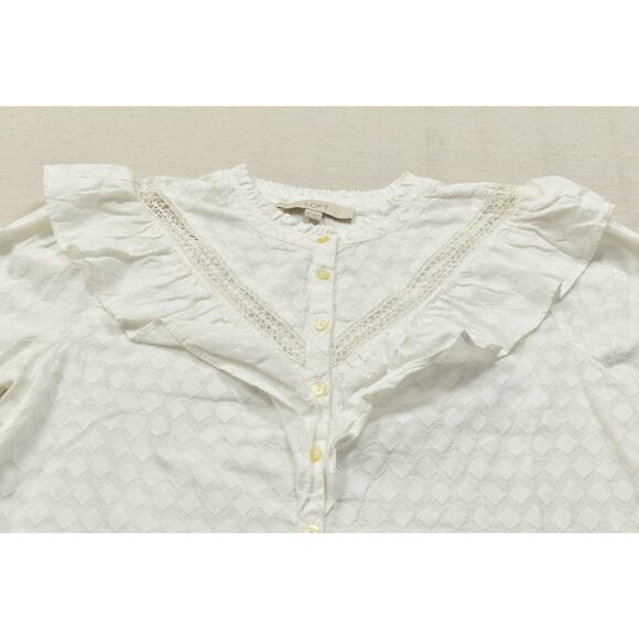 NEW LOFT Women's White Cotton Ruffle Blouse Button Front Top Regular Size M - Picture 6 of 8